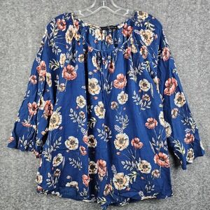 Fred David Floral Blouse Women 2X Blue Excellent Boho 3/4 Bell Sleeve Rayon Top